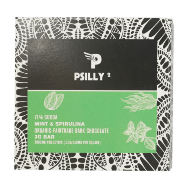 Psilly – Dark Chocolate Bar – Mint & Spirulina | Coast to Coast Medicinals Canada